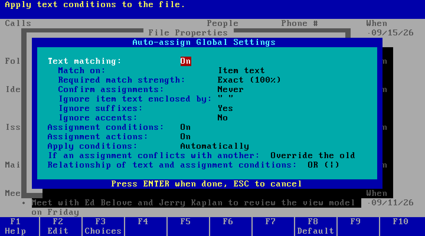 The Auto-assign Global Settings box: Text matching On, Match on Item text, Required match strength Exact (100%), Confirm assignments Never, Ignore suffixes Yes, Assignment conditions On, Assignment actions On, Apply conditions Automatically, If an assignment conflicts with another: Override the old, Relationship of text and assignment conditions: OR.