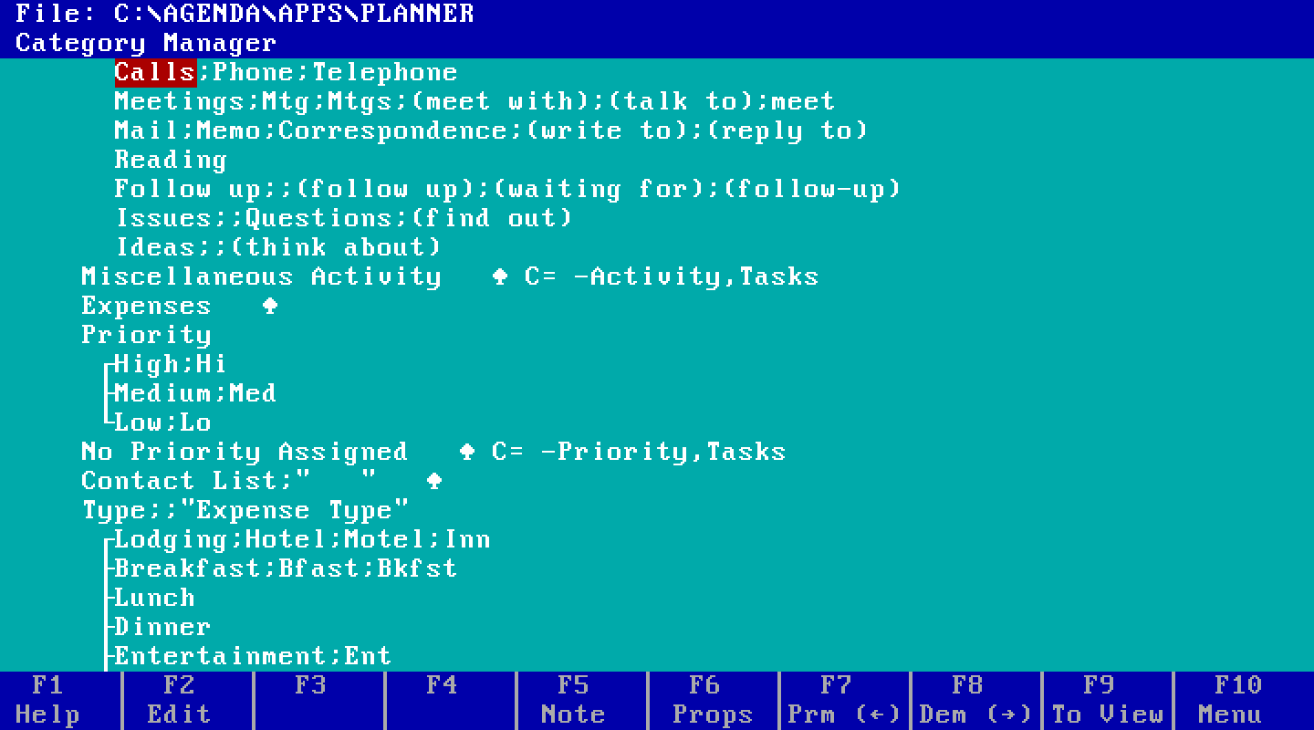 The category manager with conditions shown. Lines read Calls;Phone;Telephone, Meetings;Mtg;Mtgs;(meet with);(talk to);meet, Ideas;;(think about), and Miscellaneous Activity C= -Activity,Tasks.