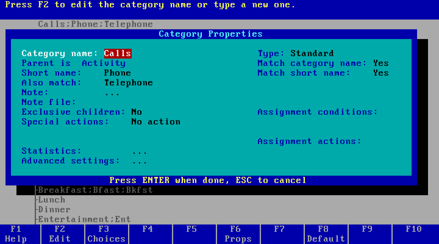The Category Properties box for Calls: short name Phone, also match Telephone, exclusive children No, special actions No action, and empty fields for assignment conditions and assignment actions.