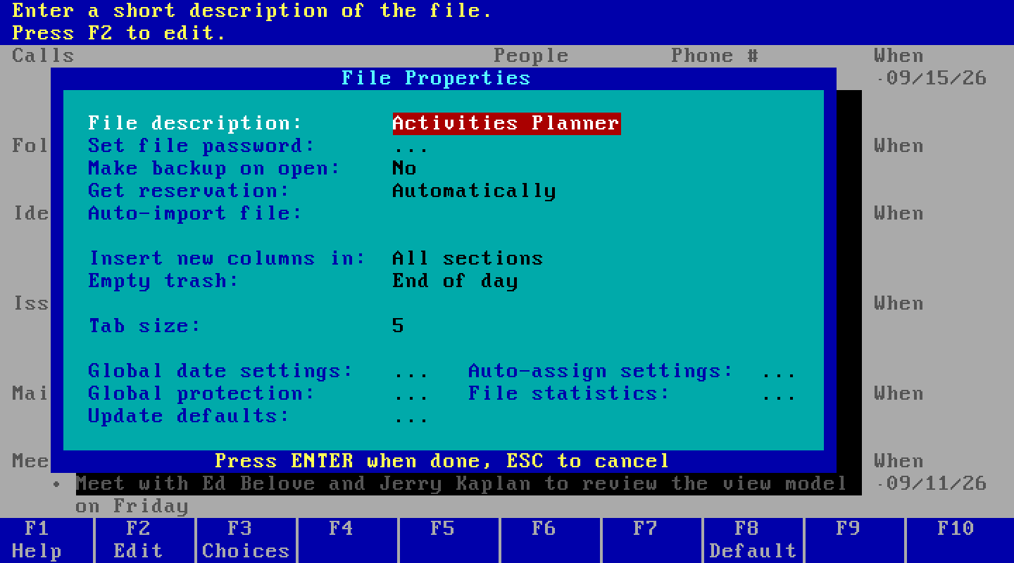 The File Properties box, with settings for description, password, backup, reservation, auto-import, and links to global date settings and auto-assign settings.