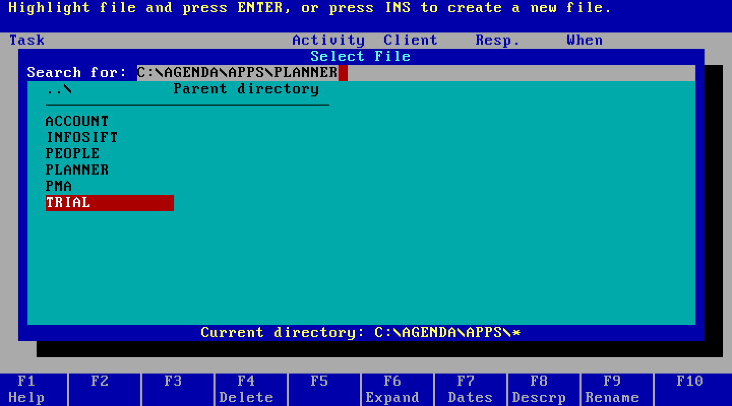 The File Retrieve box, prompting for a file name with C:\AGENDA\APPS\PLANNER filled in.