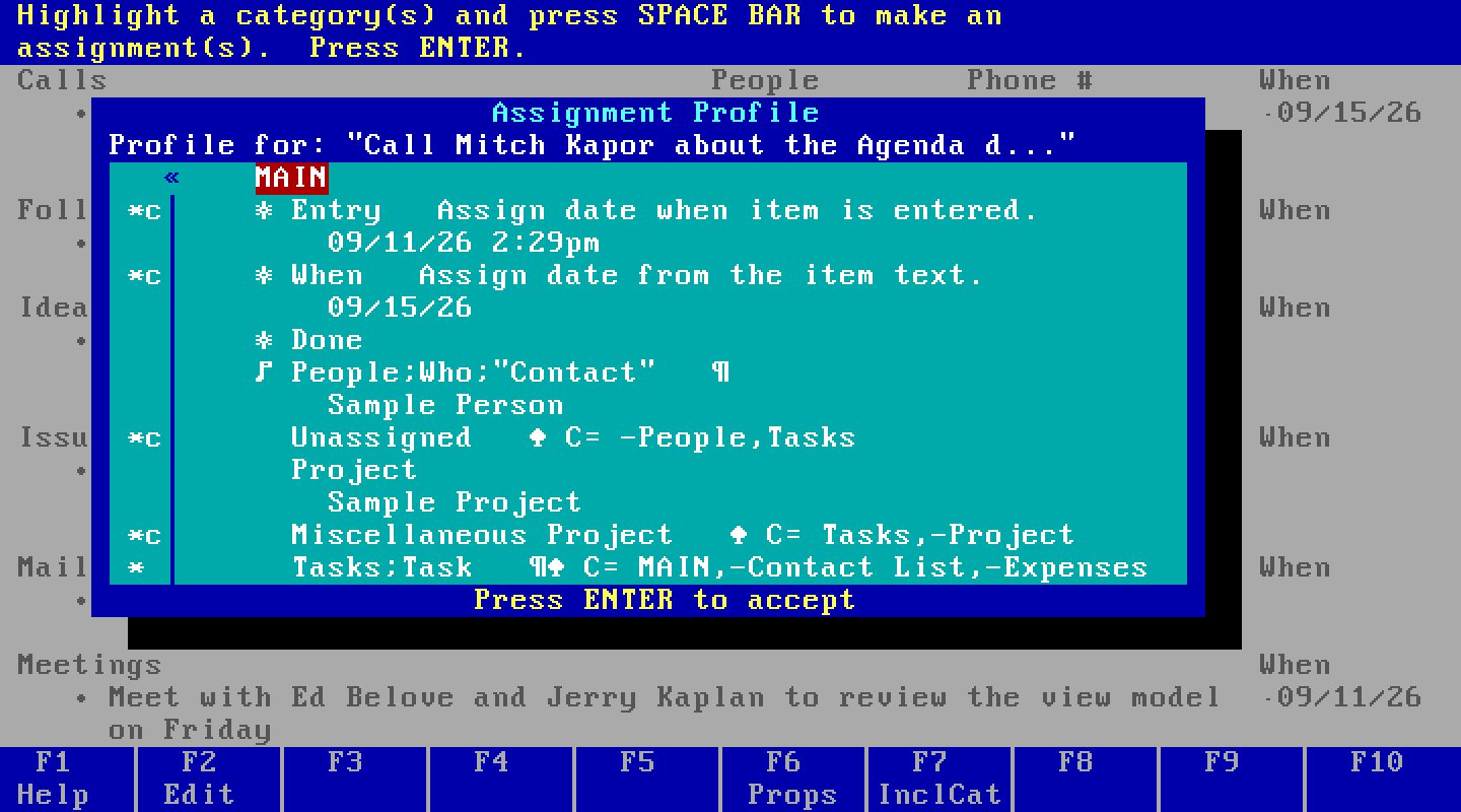The assignment profile for one item, listing the categories it is assigned to with a star for explicit and a star-c for conditional assignments.