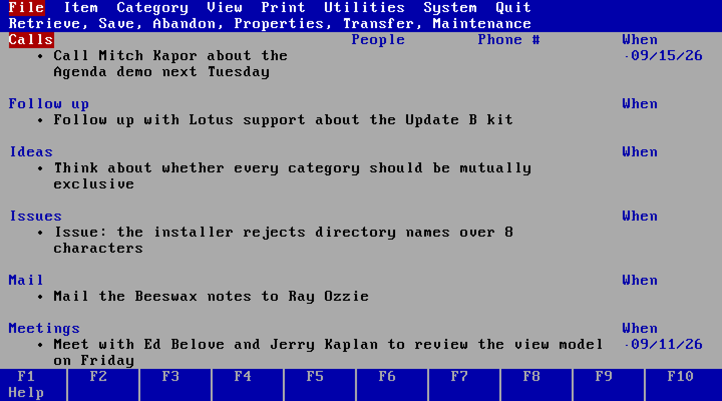 The main menu bar: File Item Category View Print Utilities System Quit, with the File commands listed beneath.