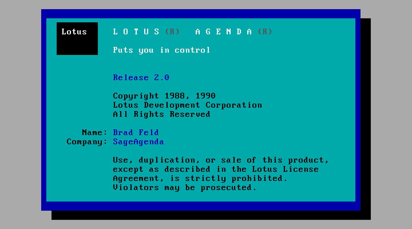 The Lotus Agenda Release 2.0 splash screen, with the name and company recorded by the installer.