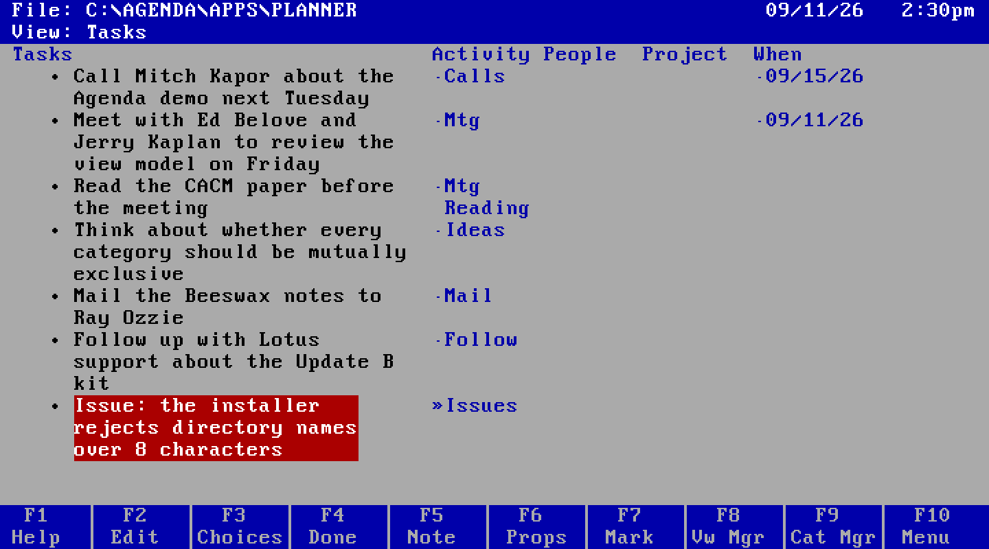 The Agenda 2.0 Tasks view with seven typed items, each automatically assigned to a category such as Calls, Mtg, Ideas, or Mail, and two given dates.
