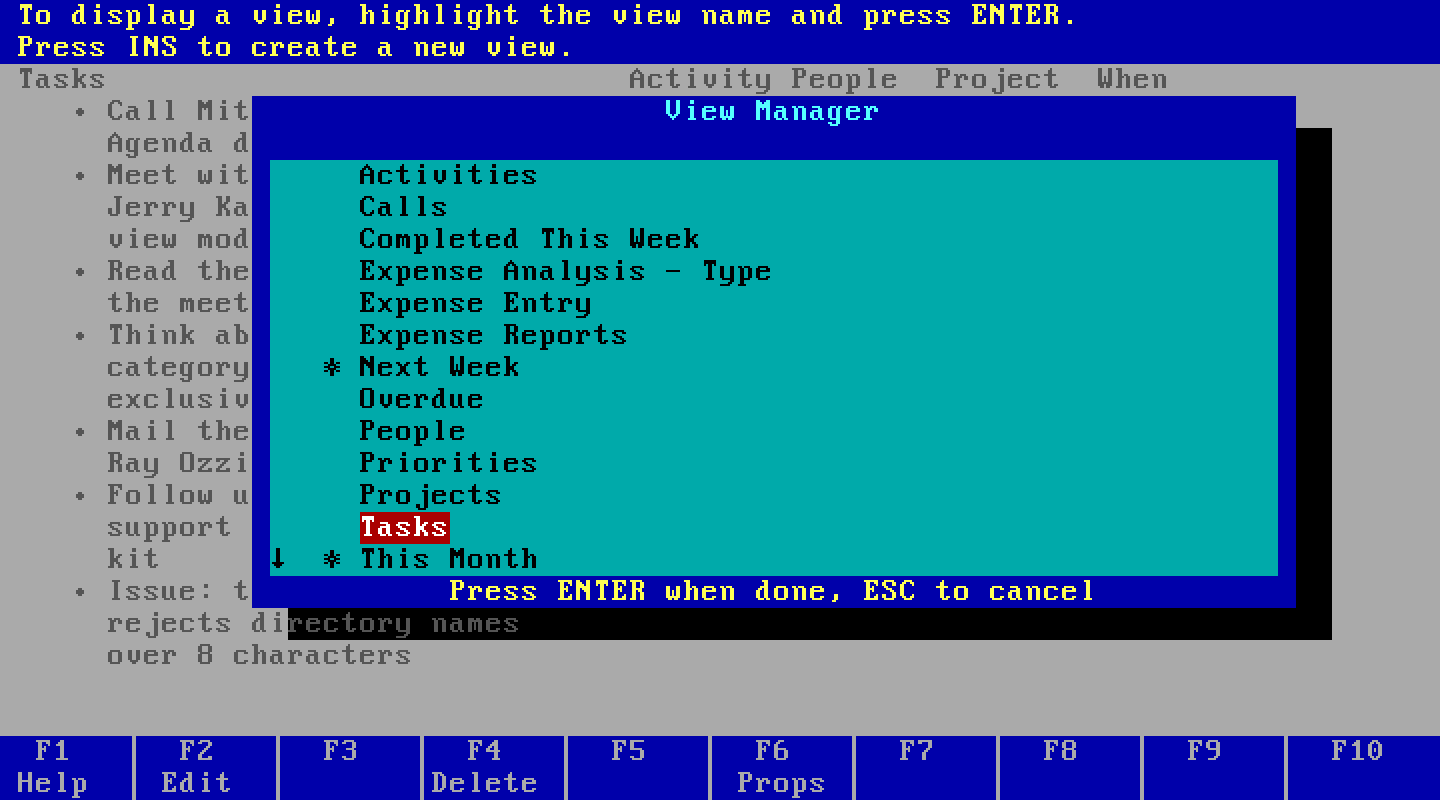 The View Manager listing the Planner file's views, Activities through This Month, with a scroll marker showing more below.